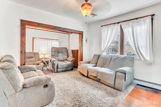 21 Suydam Ave, Edison, NJ 08817 - living area featuring a baseboard radiator, wood finished floors, and a ceiling fan