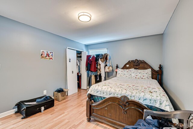 bedroom featuring wood-type flooring and a closet