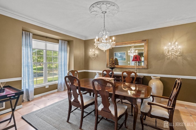 dining room featuring crown molding, a notable chandelier, light tile patterned floors, and baseboards