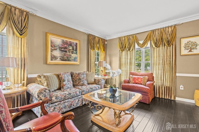 living area featuring baseboards, wood finished floors, and crown molding