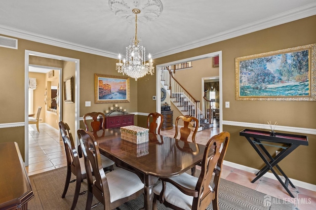 tiled dining room featuring visible vents, a notable chandelier, stairway, crown molding, and baseboards