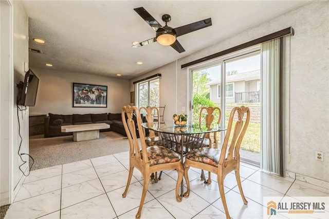159 Pitman Rd Unit C, Monroe, NJ 08831 - dining space featuring a textured ceiling, ceiling fan, visible vents, recessed lighting, and marble finish floor