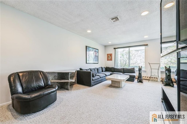 159 Pitman Rd Unit C, Monroe, NJ 08831 - living room featuring visible vents, carpet floors, a textured ceiling, and recessed lighting