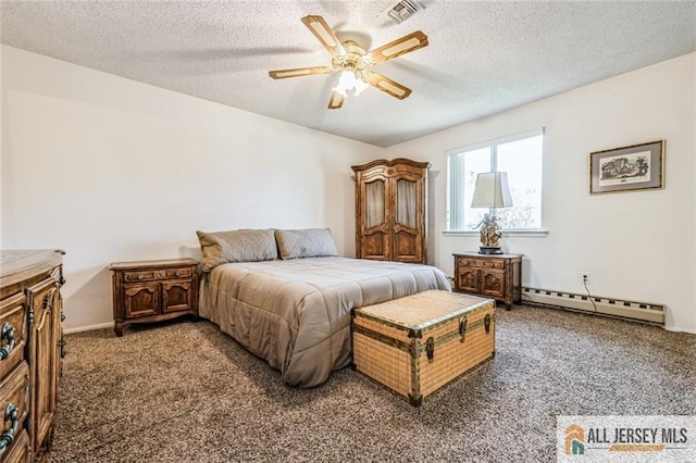 159 Pitman Rd Unit C, Monroe, NJ 08831 - carpeted bedroom featuring a textured ceiling, visible vents, baseboard heating, and a ceiling fan