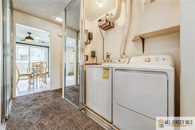 159 Pitman Rd Unit C, Monroe, NJ 08831 - laundry room with a textured ceiling, independent washer and dryer, carpet flooring, a ceiling fan, and laundry area