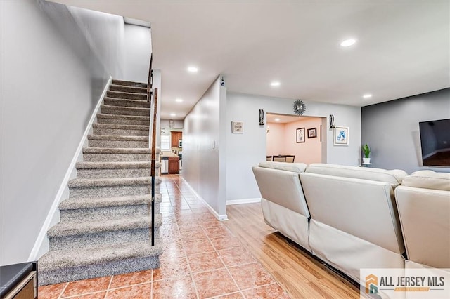 907 Maple Hill Dr Unit 907, Woodbridge Proper, NJ 07095 - living room featuring stairway and recessed lighting