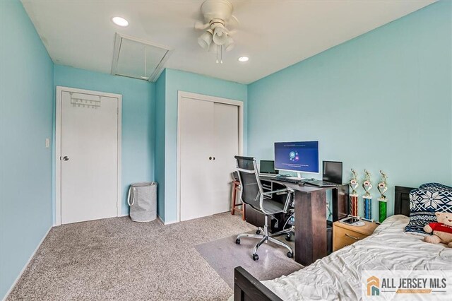 907 Maple Hill Dr Unit 907, Woodbridge Proper, NJ 07095 - bedroom with attic access, carpet floors, a closet, recessed lighting, and ceiling fan