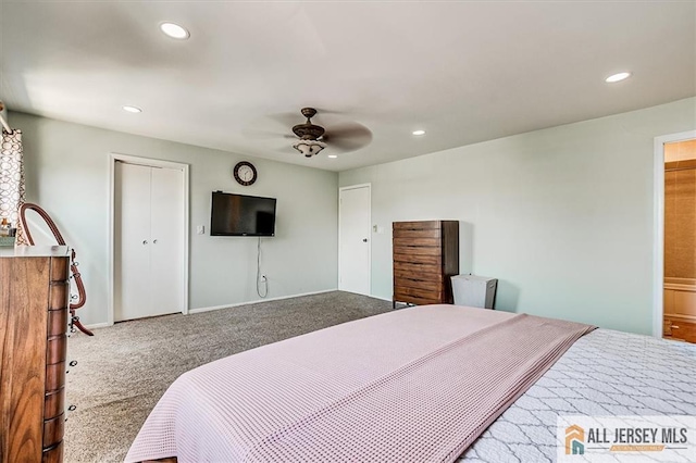 907 Maple Hill Dr Unit 907, Woodbridge Proper, NJ 07095 - bedroom featuring recessed lighting, carpet flooring, ceiling fan, and a closet