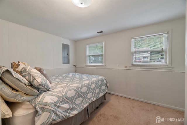 bedroom with light carpet and electric panel