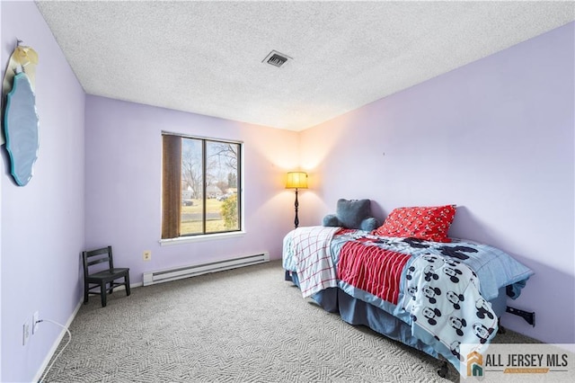 carpeted bedroom with baseboards, a baseboard radiator, visible vents, and a textured ceiling