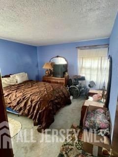 carpeted bedroom with a textured ceiling