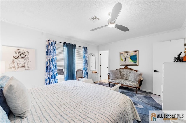 275 Convent Rd Unit 275A, Monroe, NJ 08831 - bedroom with crown molding, a textured ceiling, carpet floors, and ceiling fan