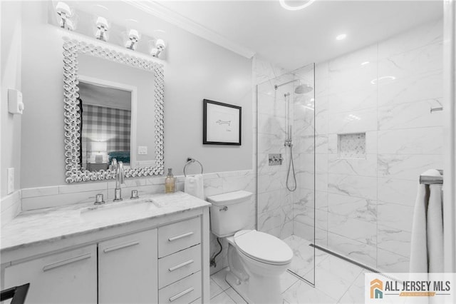 275 Convent Rd Unit 275A, Monroe, NJ 08831 - bathroom featuring marble finish flooring, ornamental molding, tile walls, a marble finish shower, and vanity