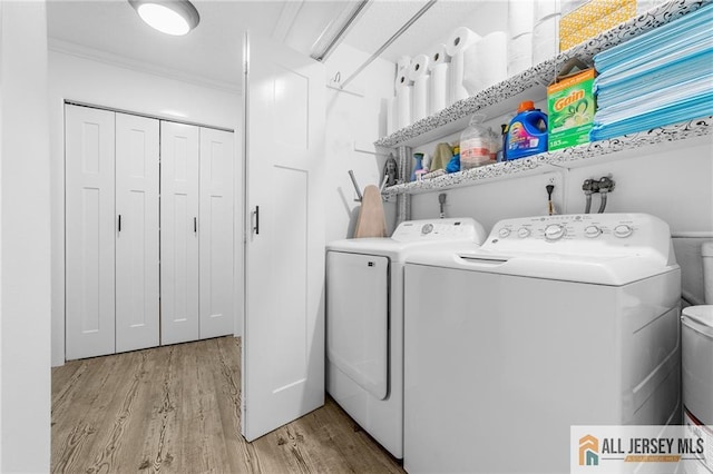 275 Convent Rd Unit 275A, Monroe, NJ 08831 - laundry room featuring light wood finished floors, ornamental molding, and washing machine and dryer