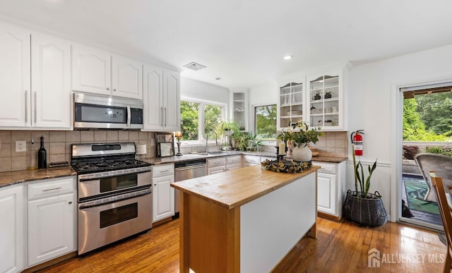 101 Weston Rd, Franklin, NJ 08873 - kitchen featuring appliances with stainless steel finishes, butcher block counters, glass insert cabinets, wood finished floors, and recessed lighting