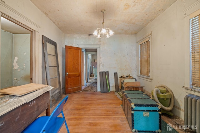 183 State St, Perth Amboy, NJ 08861 - dining area with radiator heating unit, light wood-style flooring, and a chandelier