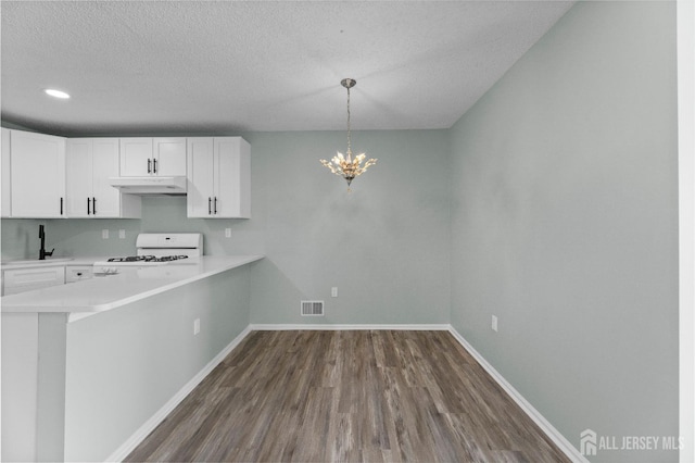 kitchen featuring white gas range, light countertops, dark wood-type flooring, white cabinets, and under cabinet range hood