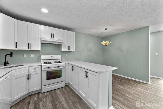 kitchen featuring under cabinet range hood, white appliances, wood finished floors, a sink, and white cabinets