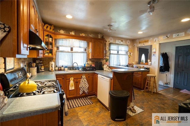 7 Cornell Rd, Old Bridge, NJ 08859 - kitchen with dishwasher, gas stove, ceiling fan, a peninsula, and brown cabinetry
