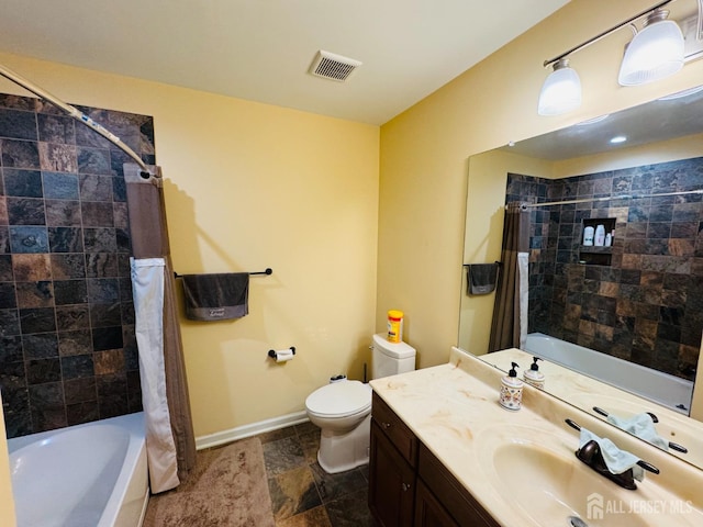 full bathroom featuring vanity, toilet, baseboards, shower / tub combo, and visible vents