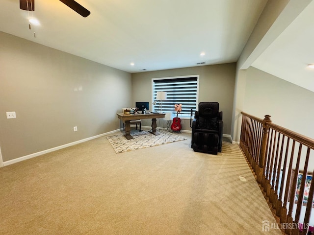 carpeted home office with visible vents, baseboards, recessed lighting, a ceiling fan, and vaulted ceiling