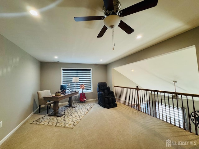 carpeted office featuring baseboards, recessed lighting, and ceiling fan