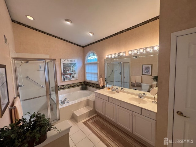 46 Dawson Ln, Monroe, NJ 08831 - bathroom featuring a sink, ornamental molding, a shower stall, and a garden tub
