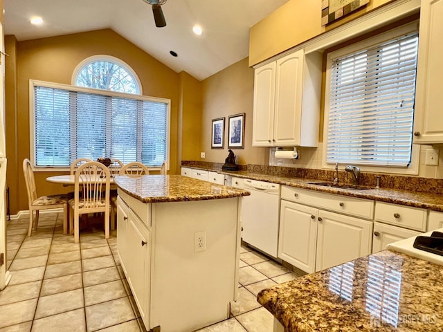 46 Dawson Ln, Monroe, NJ 08831 - kitchen with ceiling fan, a center island, vaulted ceiling, dishwasher, and a sink
