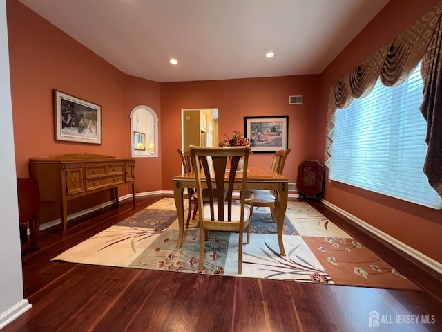 46 Dawson Ln, Monroe, NJ 08831 - dining space featuring visible vents, wood finished floors, baseboards, recessed lighting, and arched walkways