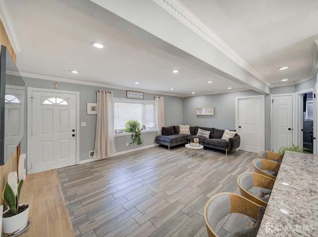 7 Kenneth Ave, Sayreville, NJ 08859 - living room with light wood finished floors, crown molding, and recessed lighting