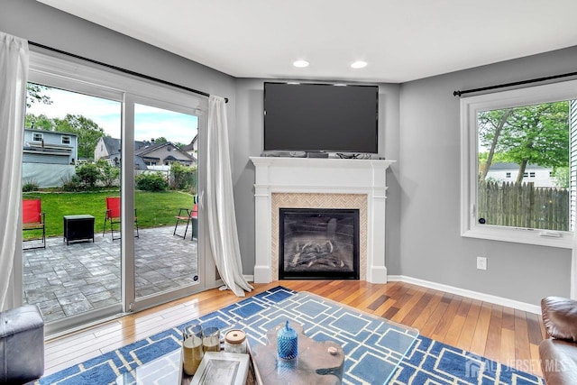 living area featuring recessed lighting, baseboards, wood finished floors, and a fireplace