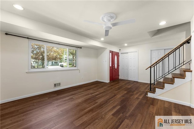 entryway featuring baseboards, dark wood-style floors, recessed lighting, ceiling fan, and stairs