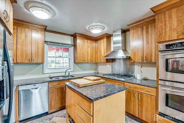 27 Landry Rd, Franklin Twsp, NJ 08873 - kitchen with appliances with stainless steel finishes, a sink, wall chimney range hood, a center island, and crown molding