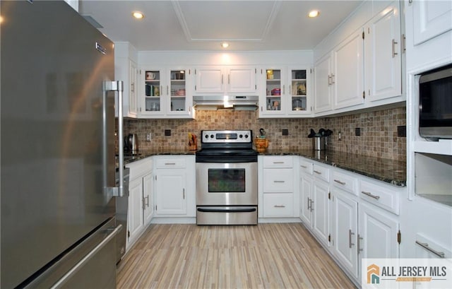176 Rossmoor Dr Unit C, Monroe, NJ 08831 - kitchen with stainless steel appliances, under cabinet range hood, dark stone counters, white cabinetry, and recessed lighting