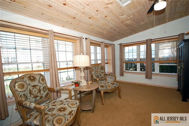 176 Rossmoor Dr Unit C, Monroe, NJ 08831 - sitting room with carpet floors, a ceiling fan, baseboards, lofted ceiling, and wooden ceiling