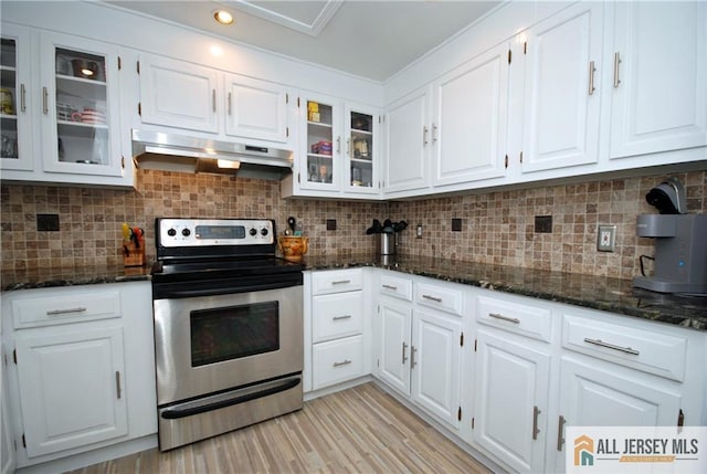 176 Rossmoor Dr Unit C, Monroe, NJ 08831 - kitchen with stainless steel electric stove, under cabinet range hood, white cabinetry, and dark stone counters