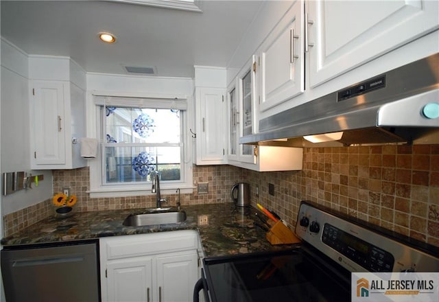 176 Rossmoor Dr Unit C, Monroe, NJ 08831 - kitchen featuring appliances with stainless steel finishes, a sink, white cabinetry, under cabinet range hood, and tasteful backsplash
