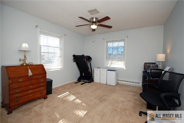 176 Rossmoor Dr Unit C, Monroe, NJ 08831 - office featuring baseboard heating, ceiling fan, carpet floors, and a textured ceiling