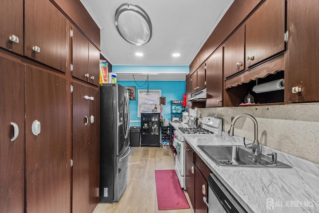 kitchen with a sink, light countertops, light wood-style floors, under cabinet range hood, and appliances with stainless steel finishes