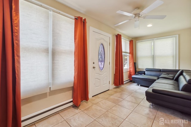 373 Rushmore Ave, Piscataway, NJ 08854 - foyer entrance featuring a baseboard radiator, light tile patterned flooring, ceiling fan, and recessed lighting