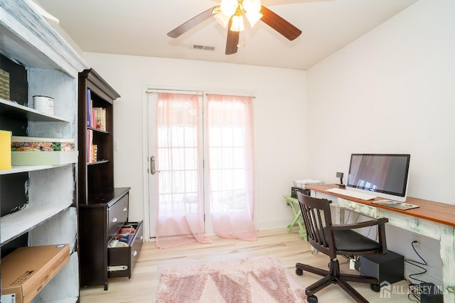 105 Recklesstown Way, Chesterfield, NJ 08515 - office area with a ceiling fan, baseboards, visible vents, and light wood-type flooring
