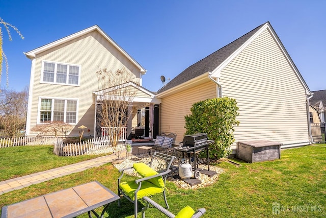 105 Recklesstown Way, Chesterfield, NJ 08515 - back of house featuring fence, an outdoor living space, a lawn, and a patio area