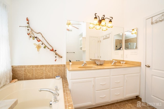 105 Recklesstown Way, Chesterfield, NJ 08515 - bathroom featuring a sink, ceiling fan, a garden tub, and double vanity