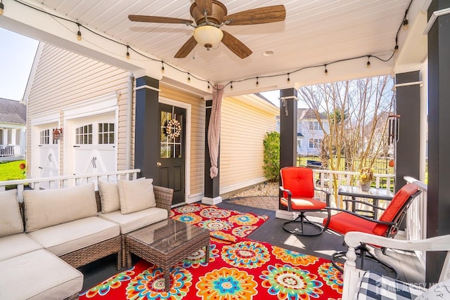 105 Recklesstown Way, Chesterfield, NJ 08515 - view of patio with a garage, ceiling fan, and an outdoor living space