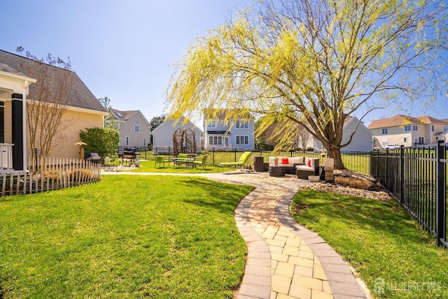 105 Recklesstown Way, Chesterfield, NJ 08515 - view of yard featuring outdoor lounge area, a residential view, a fenced backyard, and a patio area