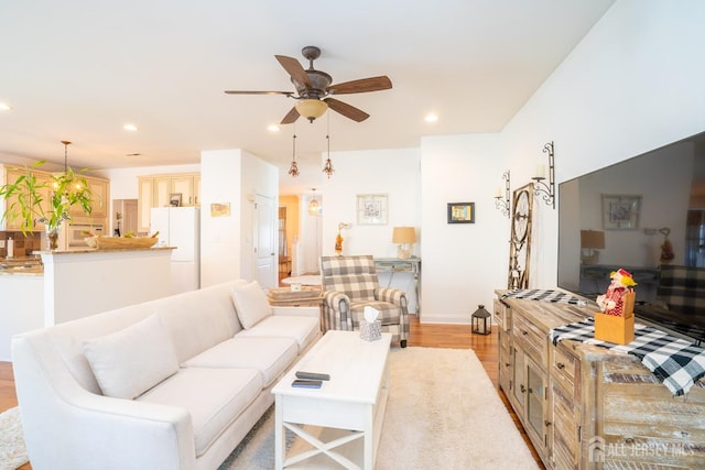 105 Recklesstown Way, Chesterfield, NJ 08515 - living room with recessed lighting, a ceiling fan, baseboards, and light wood-style floors