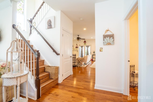 105 Recklesstown Way, Chesterfield, NJ 08515 - foyer featuring ceiling fan, light wood finished floors, stairs, recessed lighting, and baseboards
