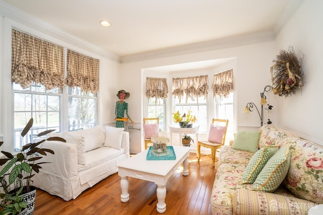 105 Recklesstown Way, Chesterfield, NJ 08515 - living area featuring crown molding, plenty of natural light, and hardwood / wood-style floors