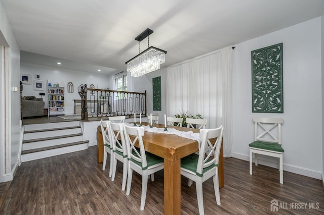 18 Chipper Dr, South Brunswick, NJ 08824 - dining area featuring dark wood-style flooring, a chandelier, stairs, and recessed lighting