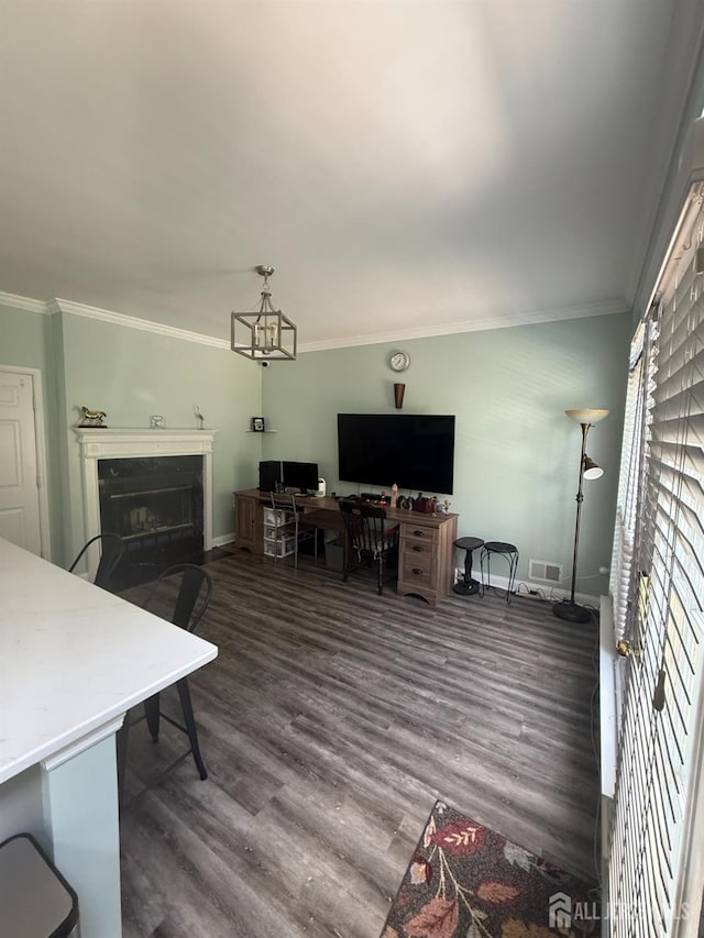 54 Magellan Way, Franklin Twsp, NJ 08823 - living room with a glass covered fireplace, wood finished floors, and crown molding